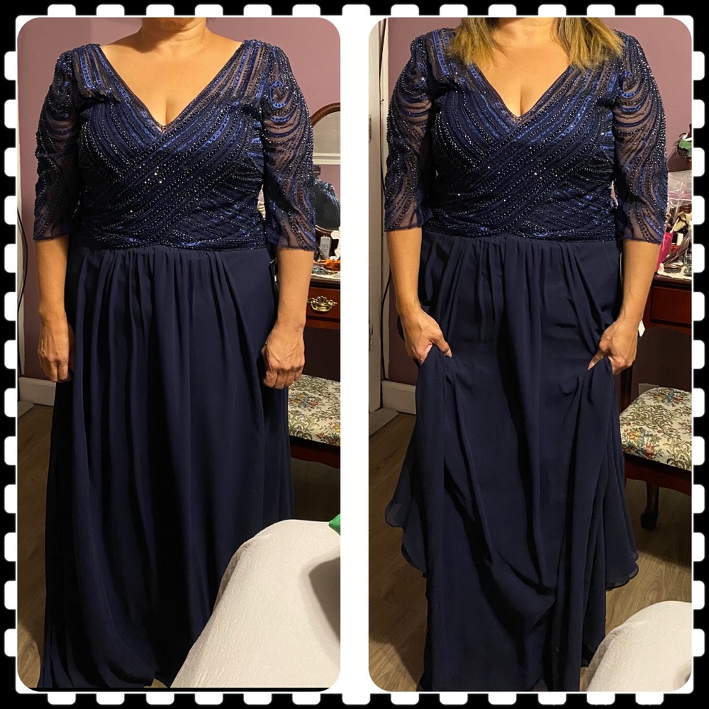 Long dress, navy blue color & lighter blue too, zipper in the back.. I’m 5’5